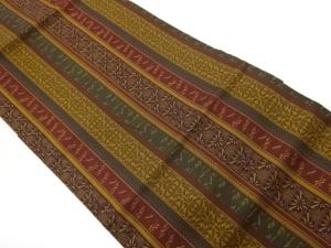 縞に抽象花・とんぼ模様織出し名古屋帯